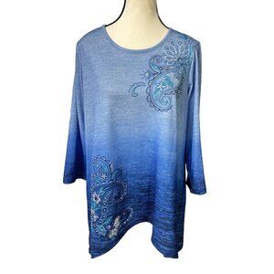 Alfred Dunner Women’s size Medium Blue Ombré Floral Bling Top Excellent Size B40